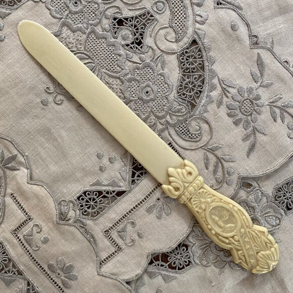 Antique Celluloid Letter Opener, Carved Lighthouse, Tall Ship, Nautical Art Deco - Picture 1 of 10